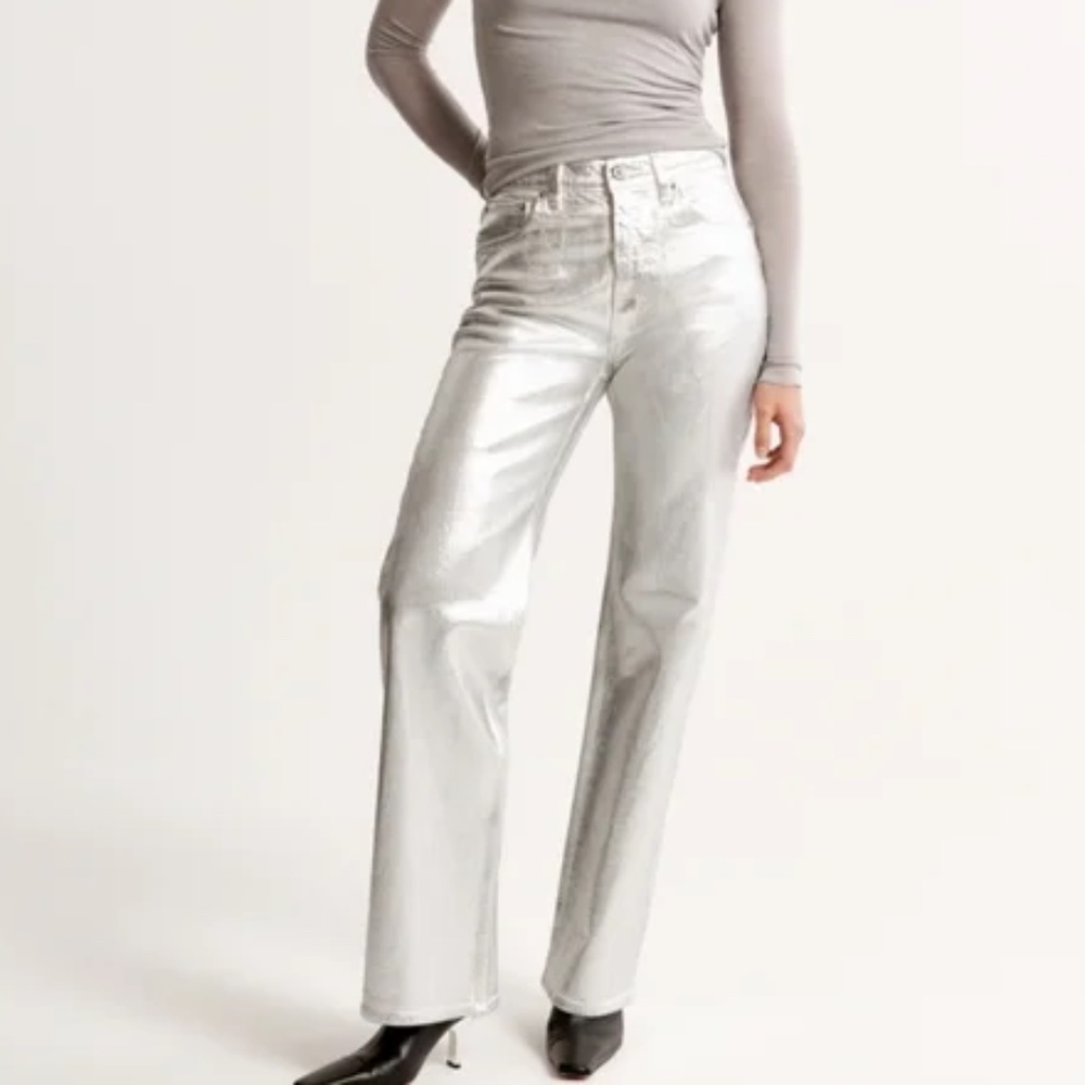 Abercrombie & Fitch 90s Relaxed High Rise Faux Leather Pants Silver Metallic 28